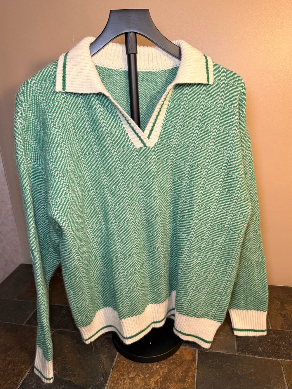 SHEIN Green and Cream V-Neck Collared Knit Sweater